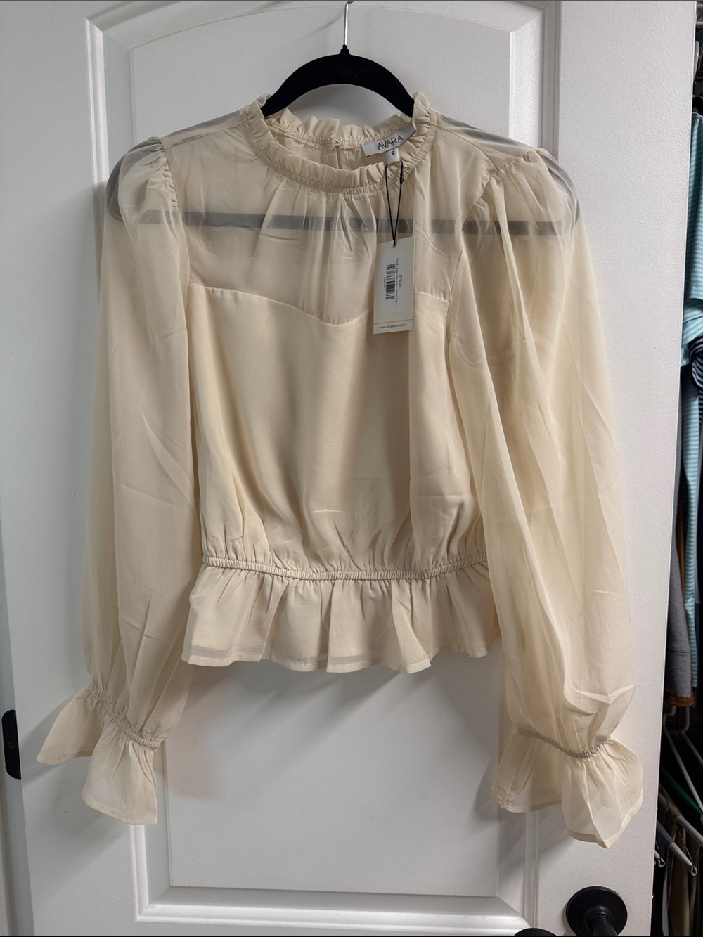 NA-KD Cream Sheer Ruffle-Peplum Blouse